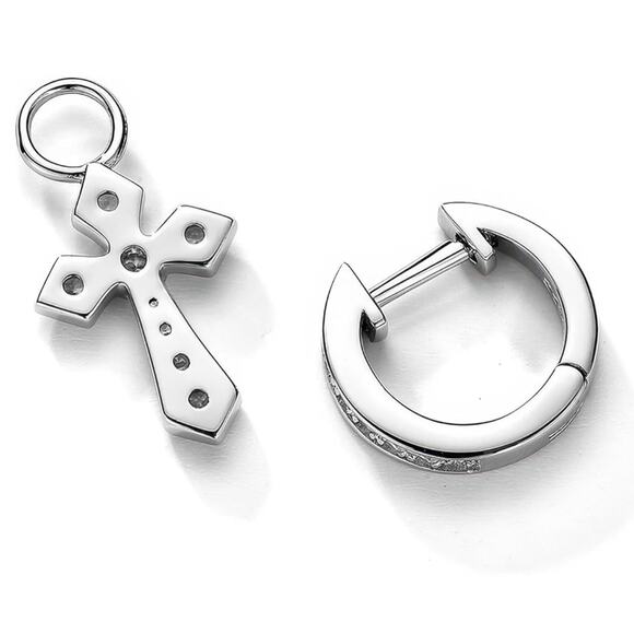 Silver Hoop Huggie Earrings with Cross Charm - Picture 3 of 4